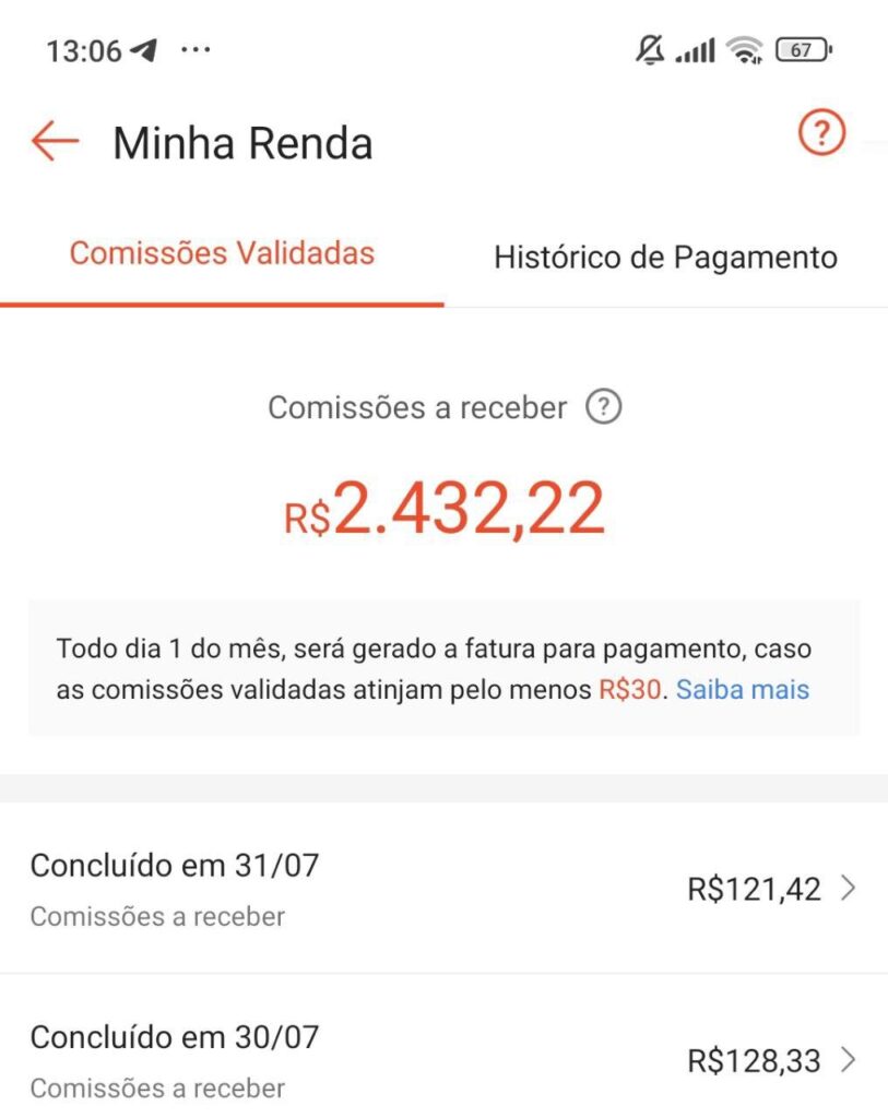 Comissões validadas de aluna do Academy